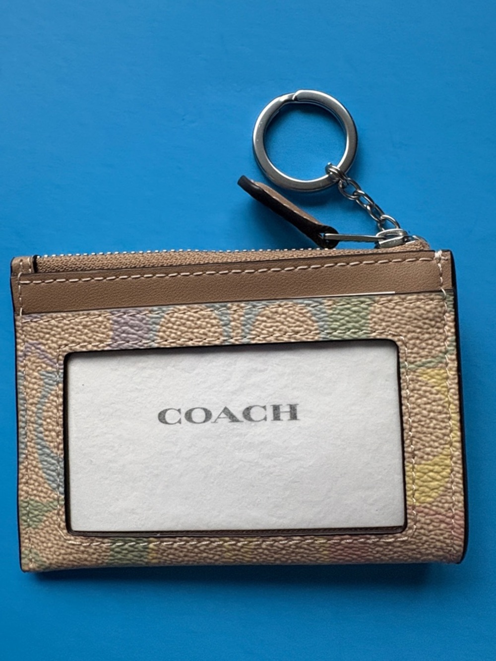 NWT Coach Rainbow Multicolor Signature Slim ID Card Case with Tan Trim Key Ring - Picture 3 of 5